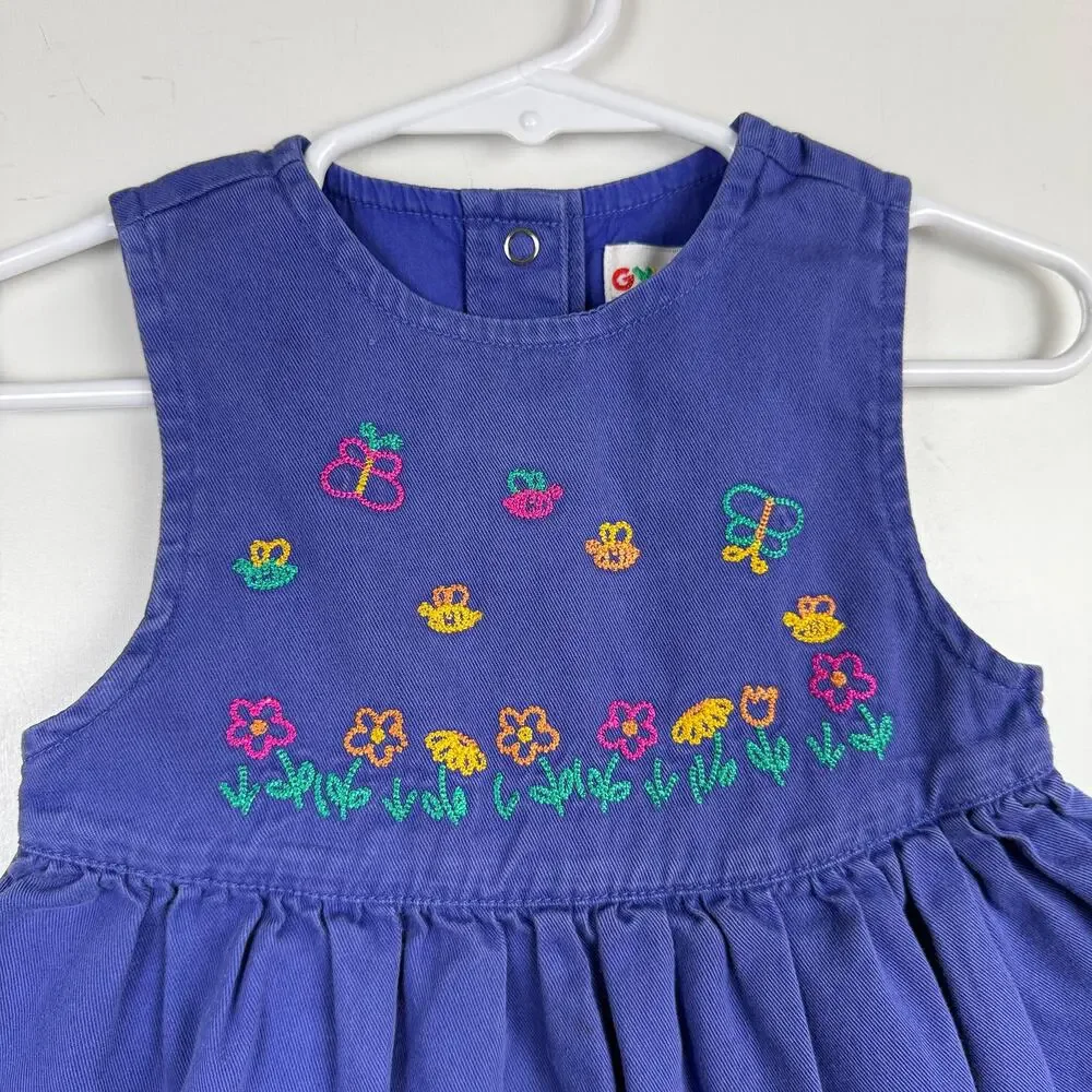 Vtg 90s Gymboree Cotton Dress Purple Blue Floral Butterflies Girls - 12-18